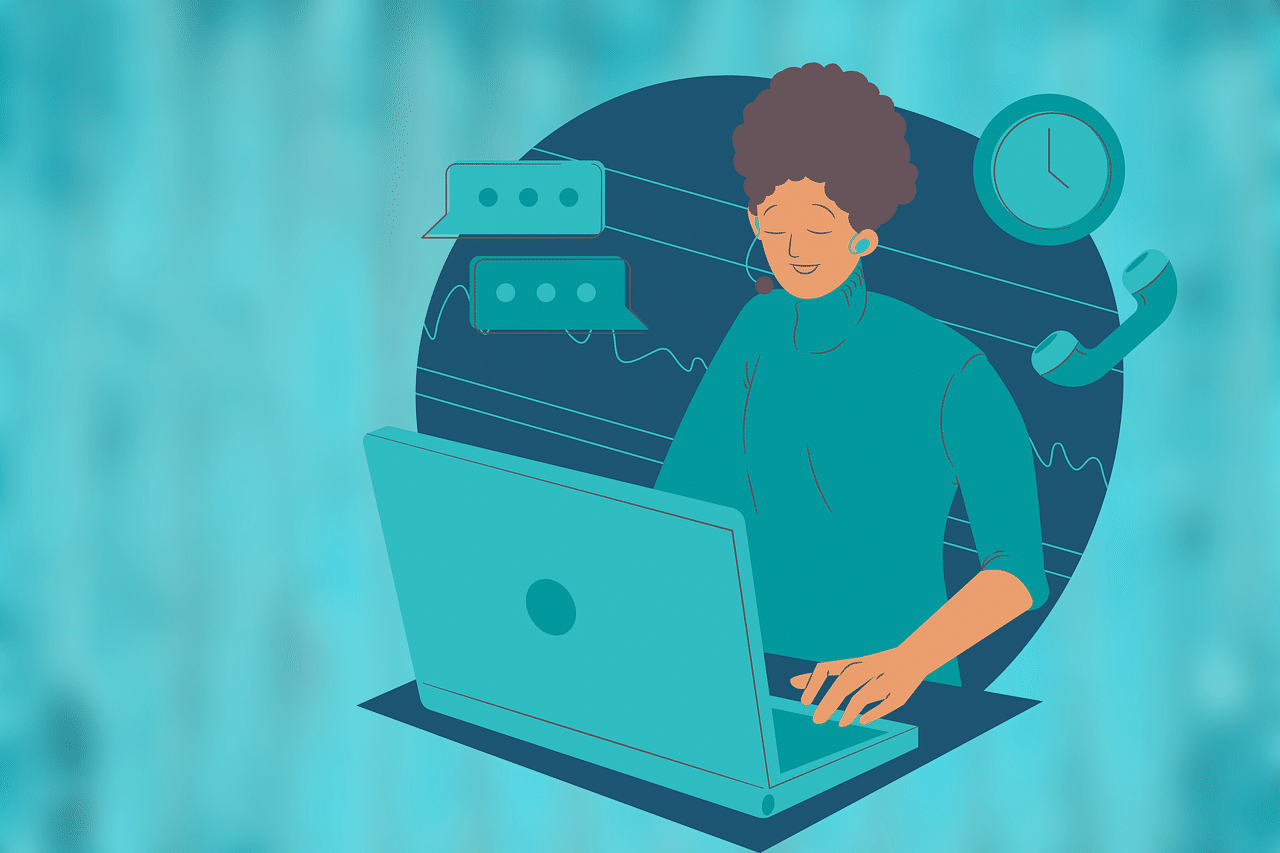 Donna che lavora nel telemarketing utilizzando un computer e un telefono - immagine a schizzo.